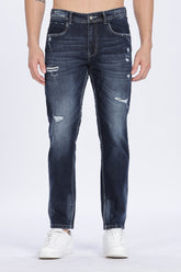 Color Hunt Men's Dark Blue Ripped Regular Fit Denim Jeans