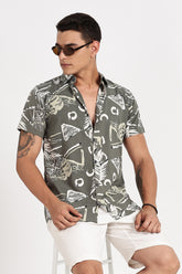 Color Hunt Men's Olive Printed Half Sleeve Poly Cotton Shirt