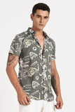 Color Hunt Men's Olive Printed Half Sleeve Poly Cotton Shirt