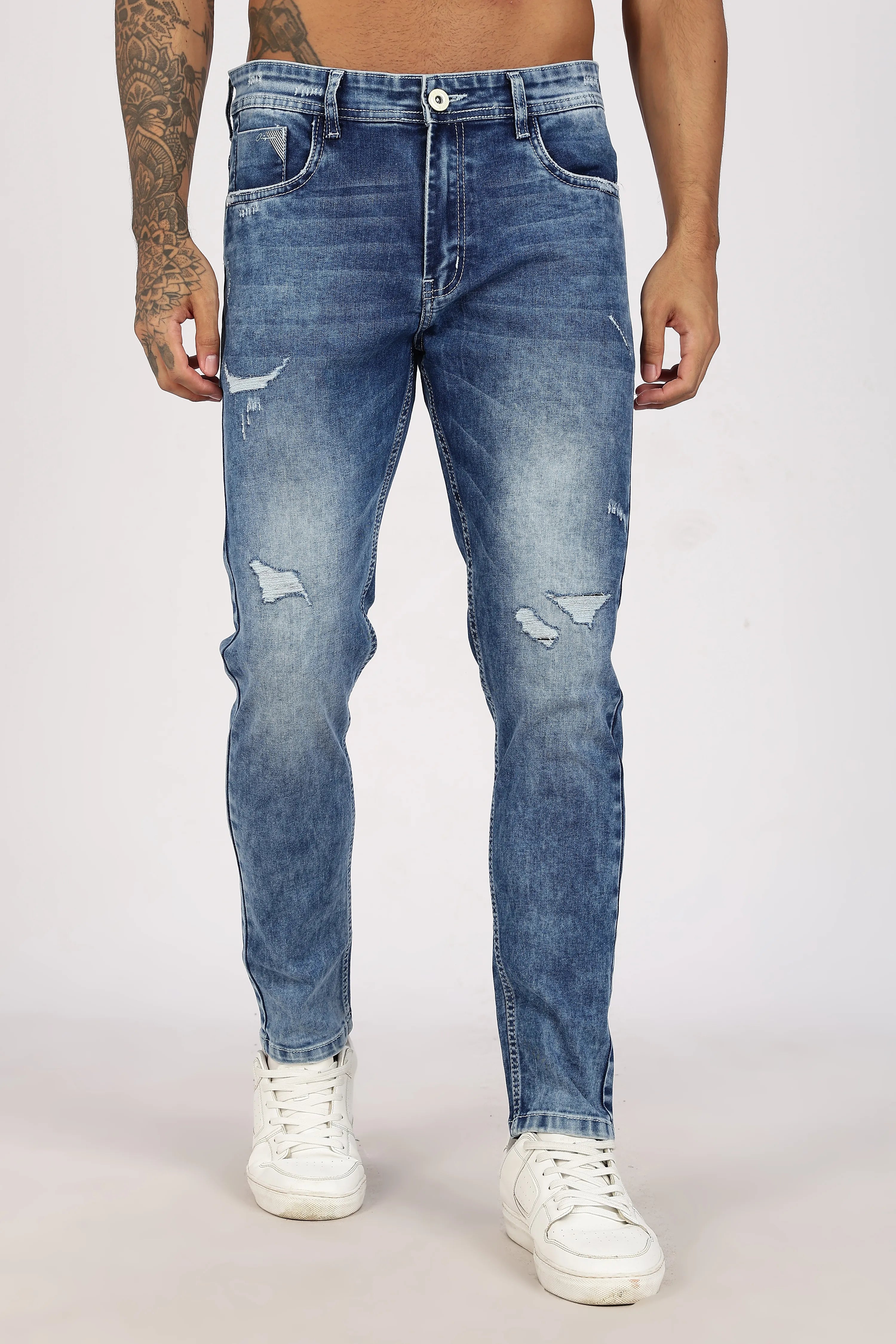 Light Blue Washed Full Length Denim Jeans for Men - Color Hunt