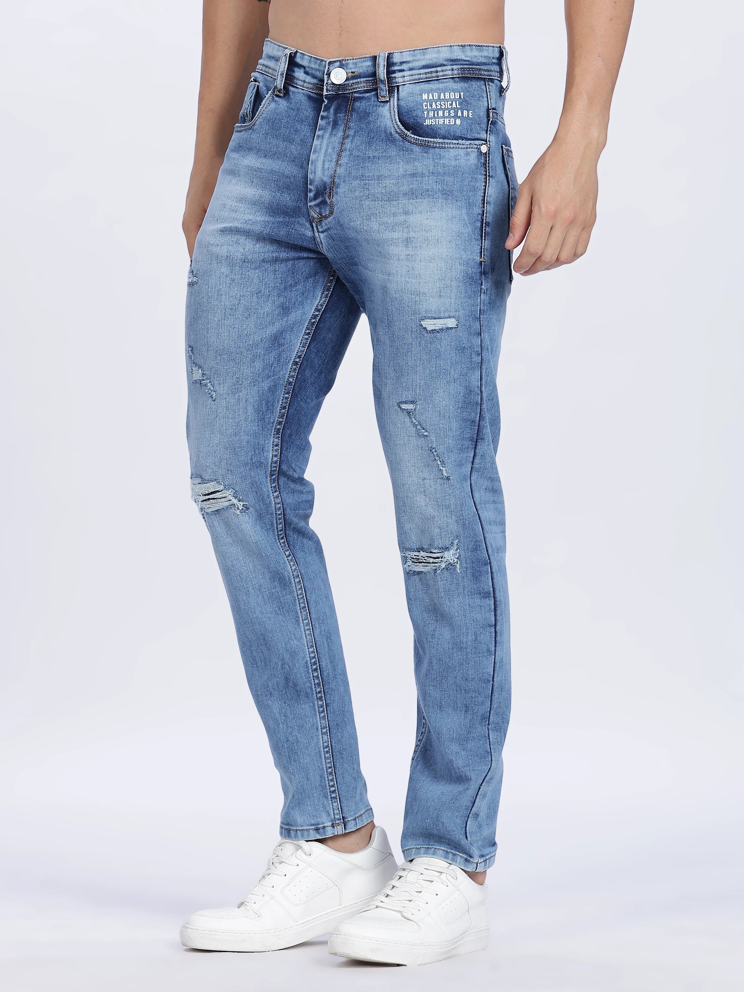 Color Hunt Men's Blue Ripped Full Length Denim Jeans