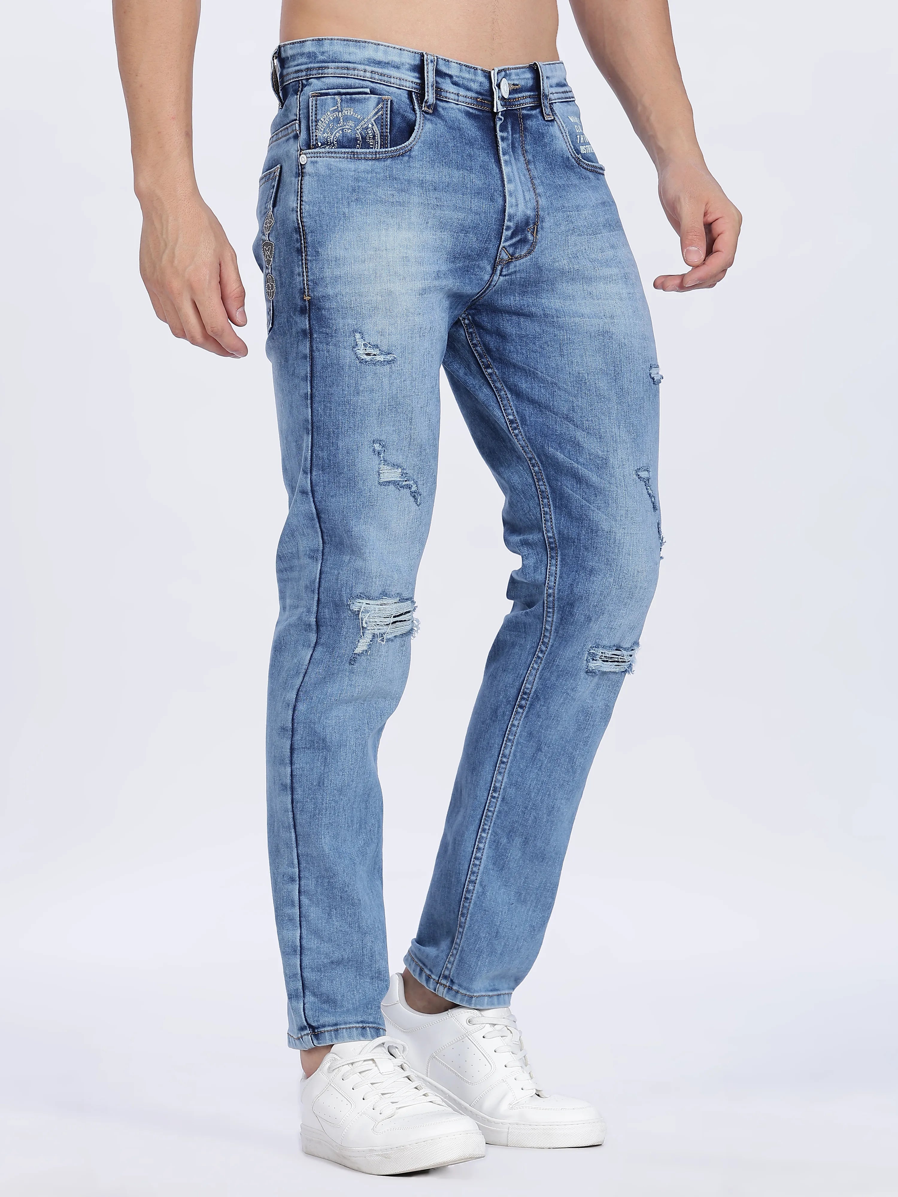 Color Hunt Men's Blue Ripped Full Length Denim Jeans