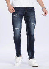 Dark Blue Ripped Regular Fit Denim Jeans for Men - Color Hunt