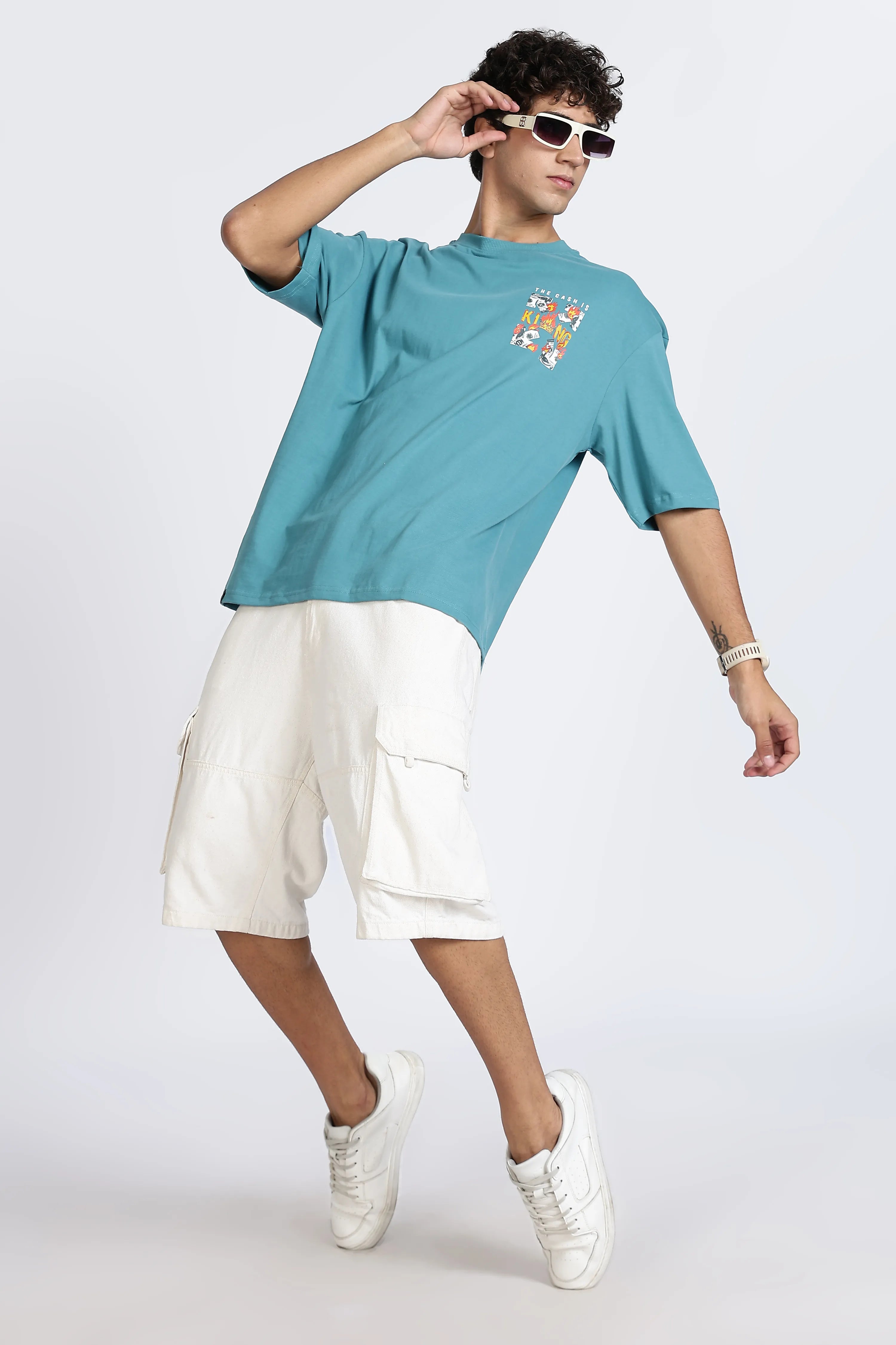 Color Hunt Cyan Oversize Printed Half Sleeve Pure Cotton T-Shirt