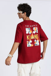Color Hunt Men's Maroon Printed Oversize Half Sleeve T-Shirt