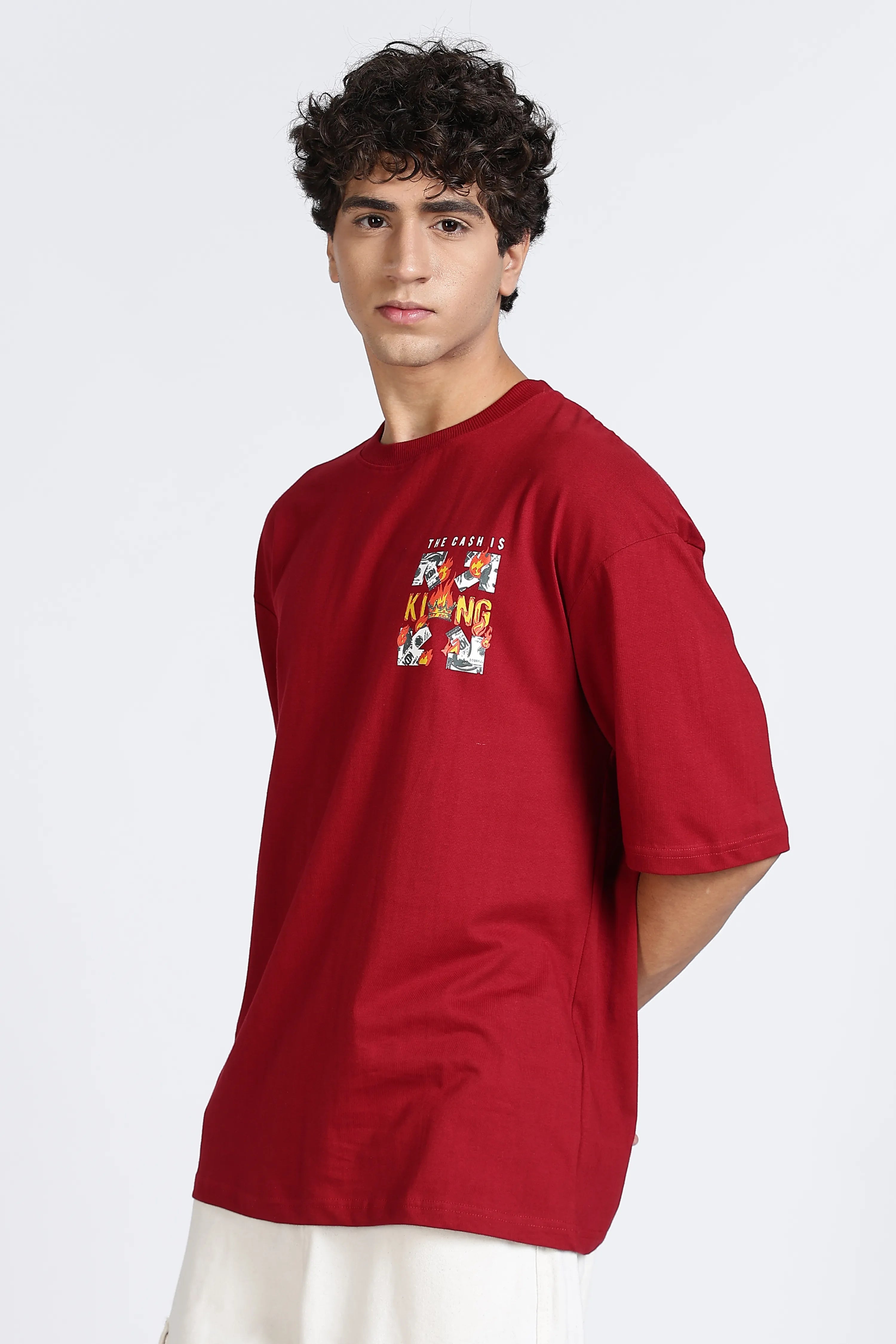 Color Hunt Men's Maroon Printed Oversize Half Sleeve T-Shirt
