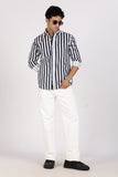 Color Hunt Men's White & Blue Striped Pure Cotton Full Sleeve Shirt