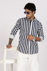 Color Hunt Men's White & Blue Striped Pure Cotton Full Sleeve Shirt
