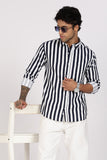 Color Hunt Men's White & Blue Striped Pure Cotton Full Sleeve Shirt