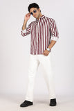 Color Hunt Men's White & Maroon Striped Full Sleeve Pure Cotton Shirt