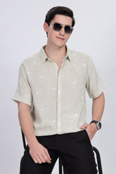 Color Hunt Men's Light Olive Printed Half Sleeve Rayon Shirt