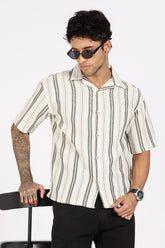 Color Hunt Men's Cream Striped Half Sleeve Pure Cotton Shirt
