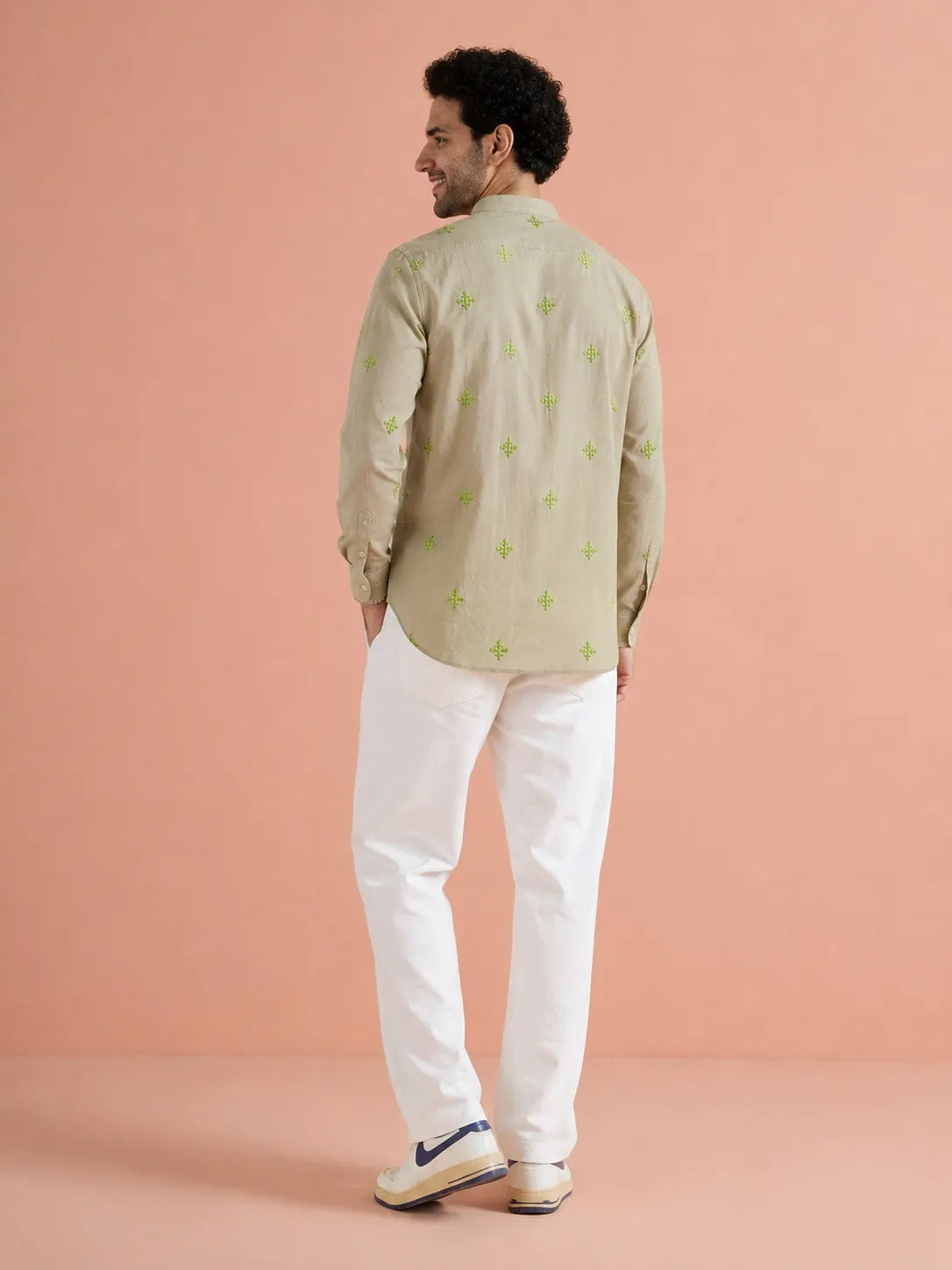 COLOR HUNT Men’s Beige Embroidered Short Kurta with Mandarin Collar