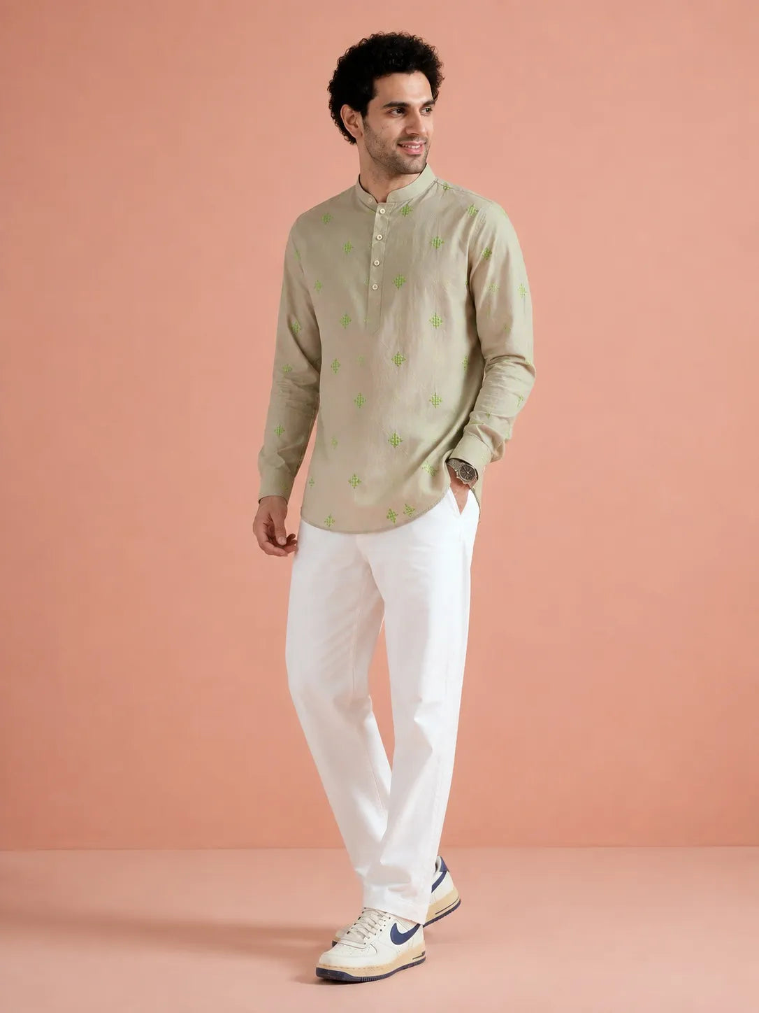 COLOR HUNT Men’s Beige Embroidered Short Kurta with Mandarin Collar