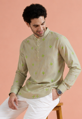 COLOR HUNT Men’s Beige Embroidered Short Kurta with Mandarin Collar