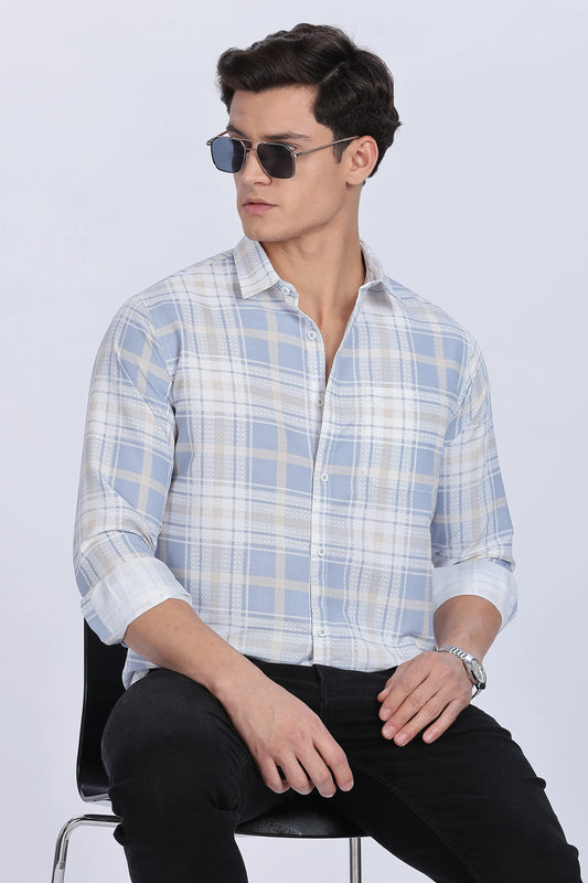 White & Blue Checked Full Sleeve Cotton Shirt