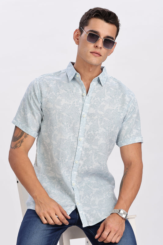 Light Blue Half Sleeve Printed Rayon Shirt