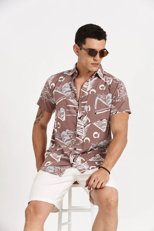 Brown Printed Half Sleeve Poly Cotton Shirt