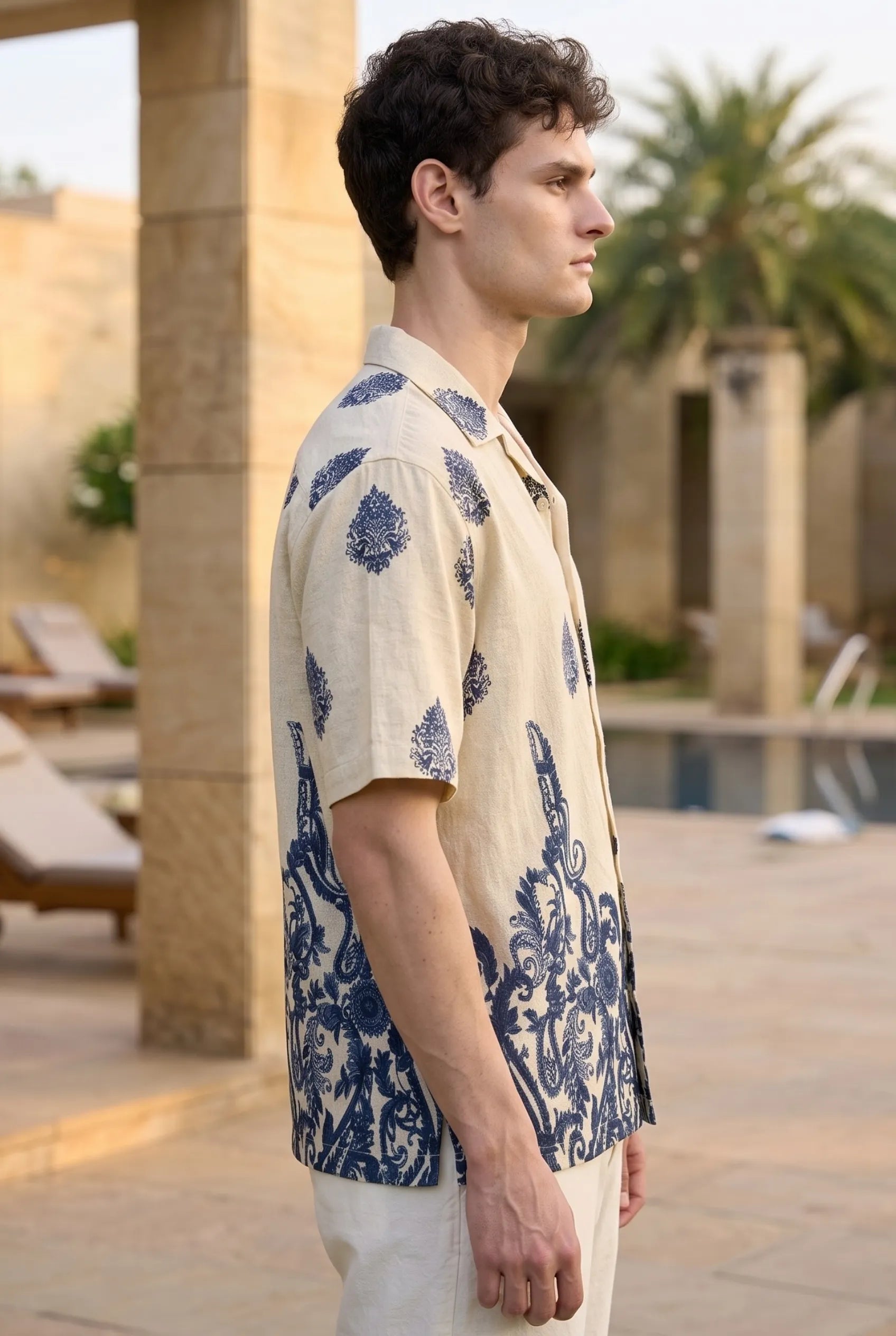 Color Hunt Men's Off White Navy Blue Printed Casual Half Sleeve Shirt
