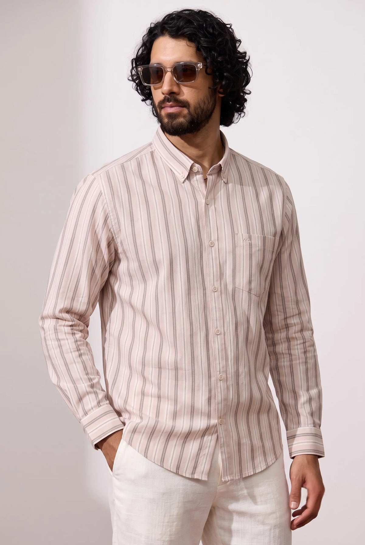 COLOR HUNT Men's Premium Beige Striped Casual Shirt | Full Sleeve Regular Fit