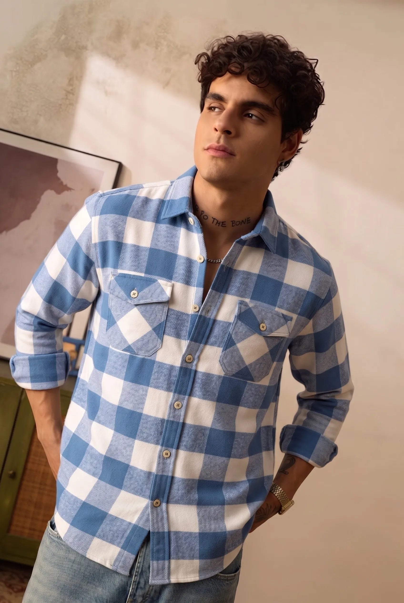 COLOR HUNT Men's Regular Fit Blue Check Casual Cotton Shirt