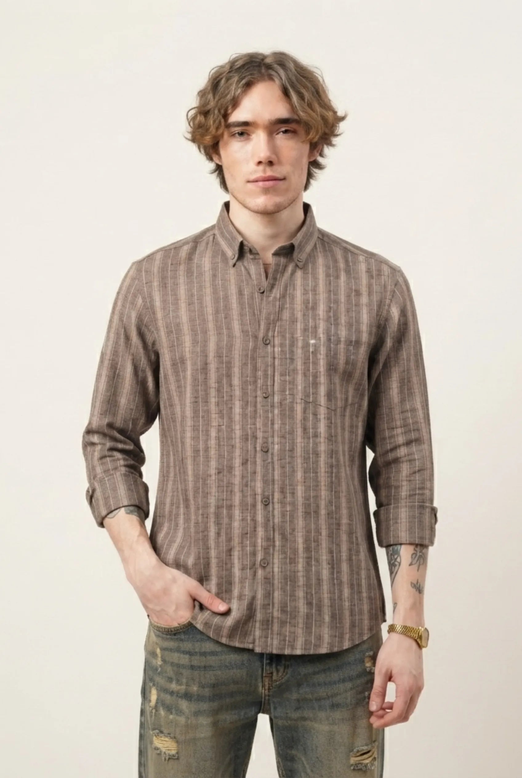 Color Hunt Men's Full Sleeve Brown Striped Cotton Shirt