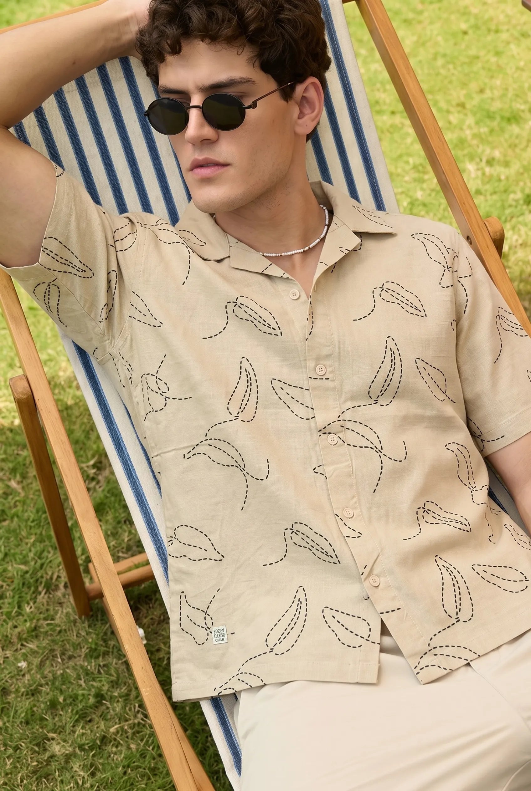 Color Hunt Men's Sand Beige Printed Casual Half Sleeve Shirt