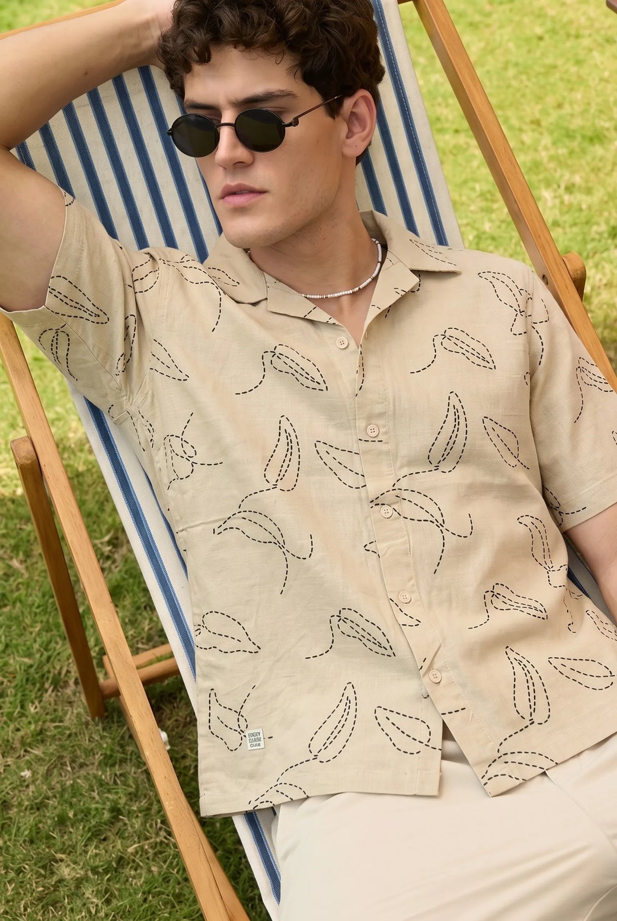 Color Hunt Men's Sand Beige Printed Casual Half Sleeve Shirt