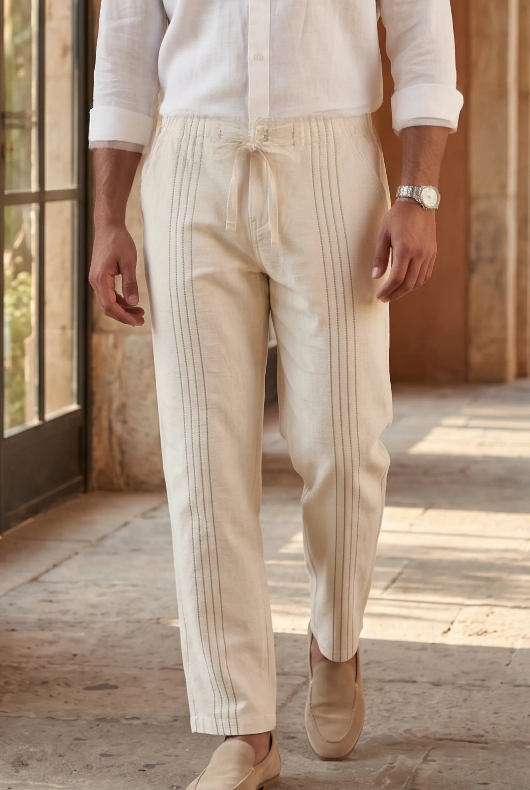 Color Hunt Men's Light Cream Pintuck Casual Trousers