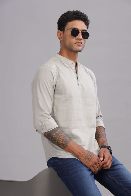 Color Hunt Men's Cotton Light Grey Full Sleeve Solid Short Kurta - Colorhunt