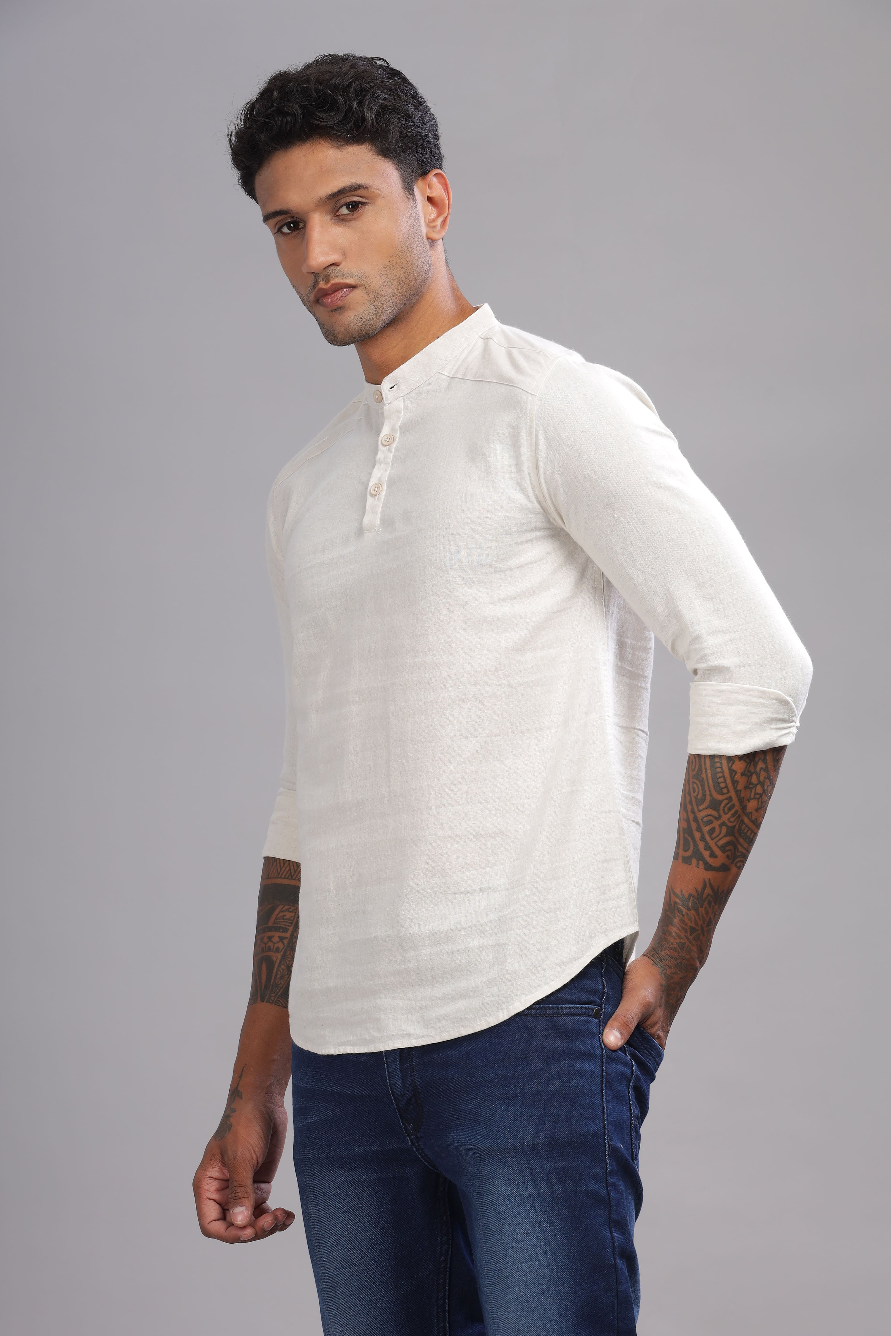 Color Hunt Men's Cotton White Full Sleeve Solid Short Kurta - Colorhunt