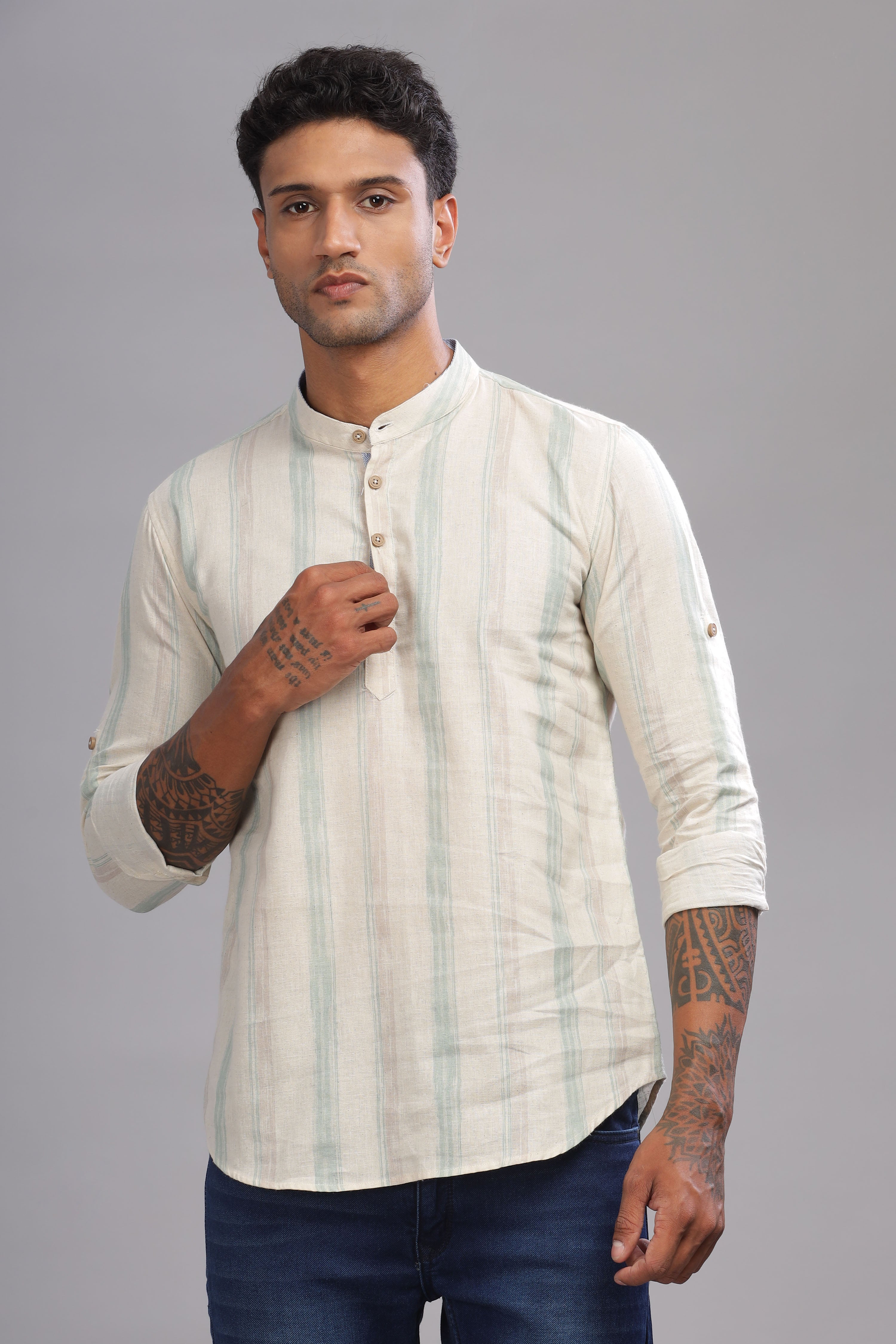 Color Hunt Men's Cotton Off-White-Green Full Sleeve Printed Short Kurta - Colorhunt