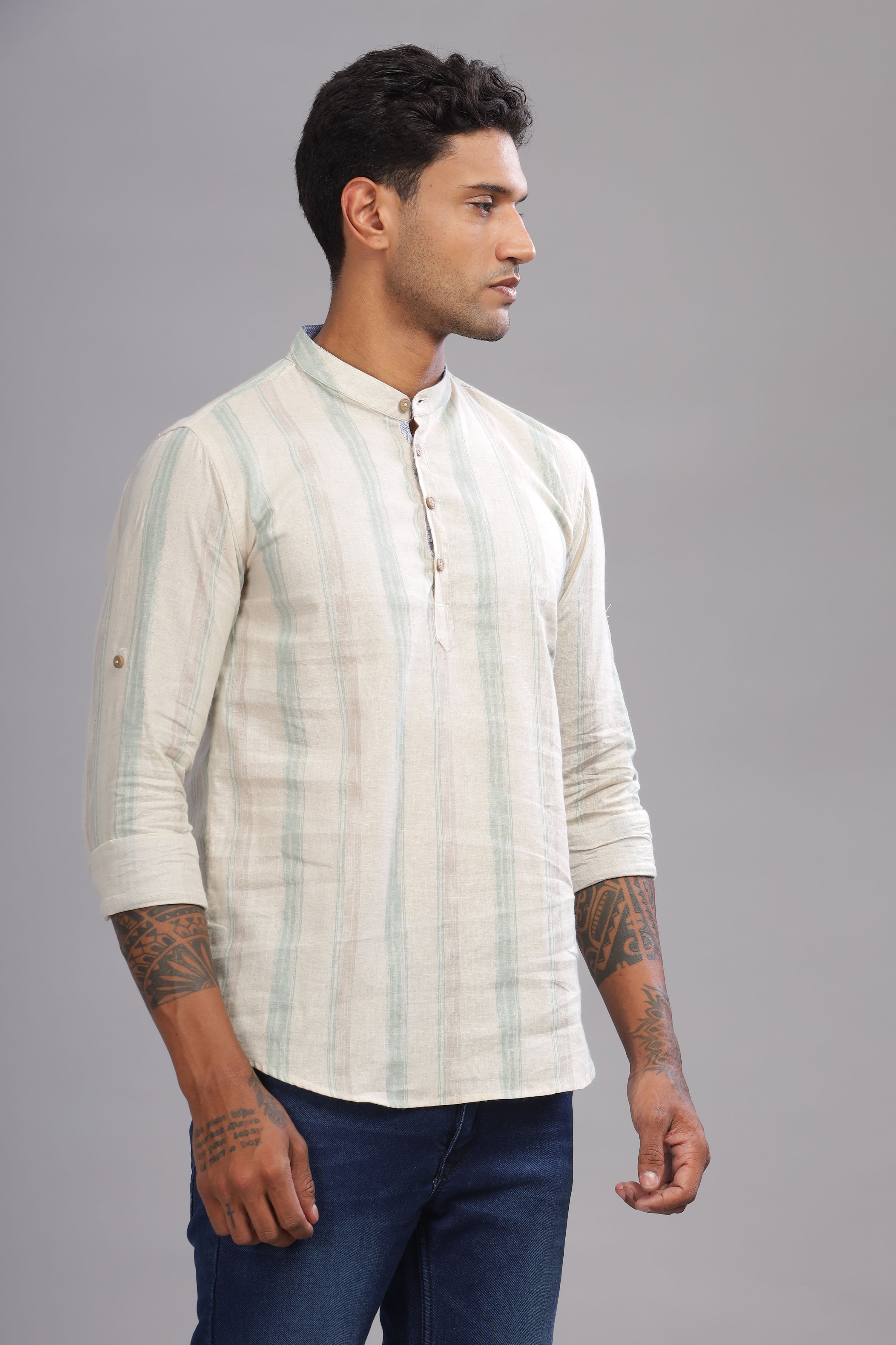 Color Hunt Men's Cotton Off-White-Green Full Sleeve Printed Short Kurta - Colorhunt