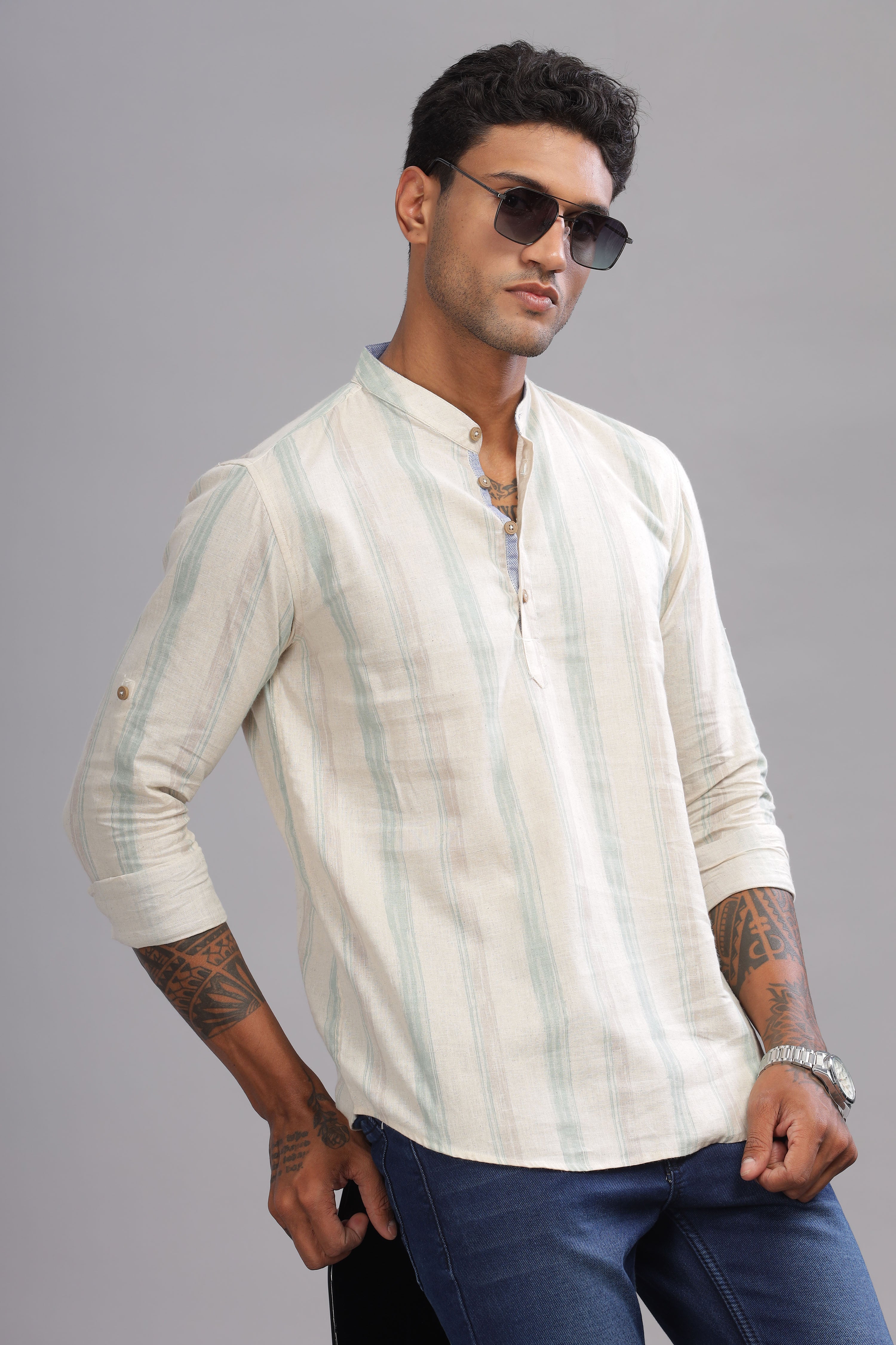 Color Hunt Men's Cotton Off-White-Green Full Sleeve Printed Short Kurta - Colorhunt