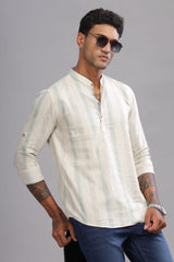 Color Hunt Men's Cotton Off-White-Green Full Sleeve Printed Short Kurta