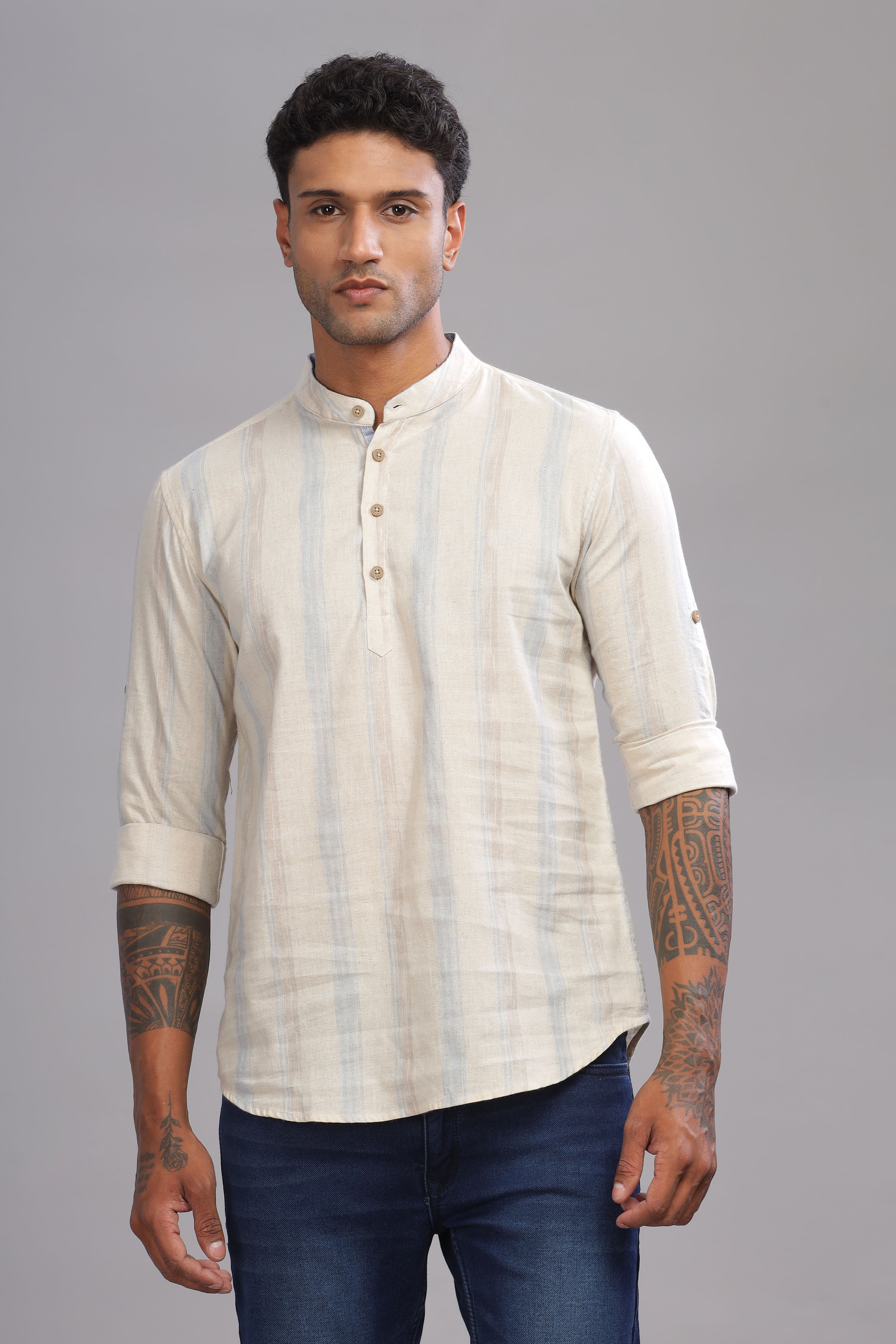 Color Hunt Men's Cotton Off-White-Blue Full Sleeve Printed Short Kurta - Colorhunt