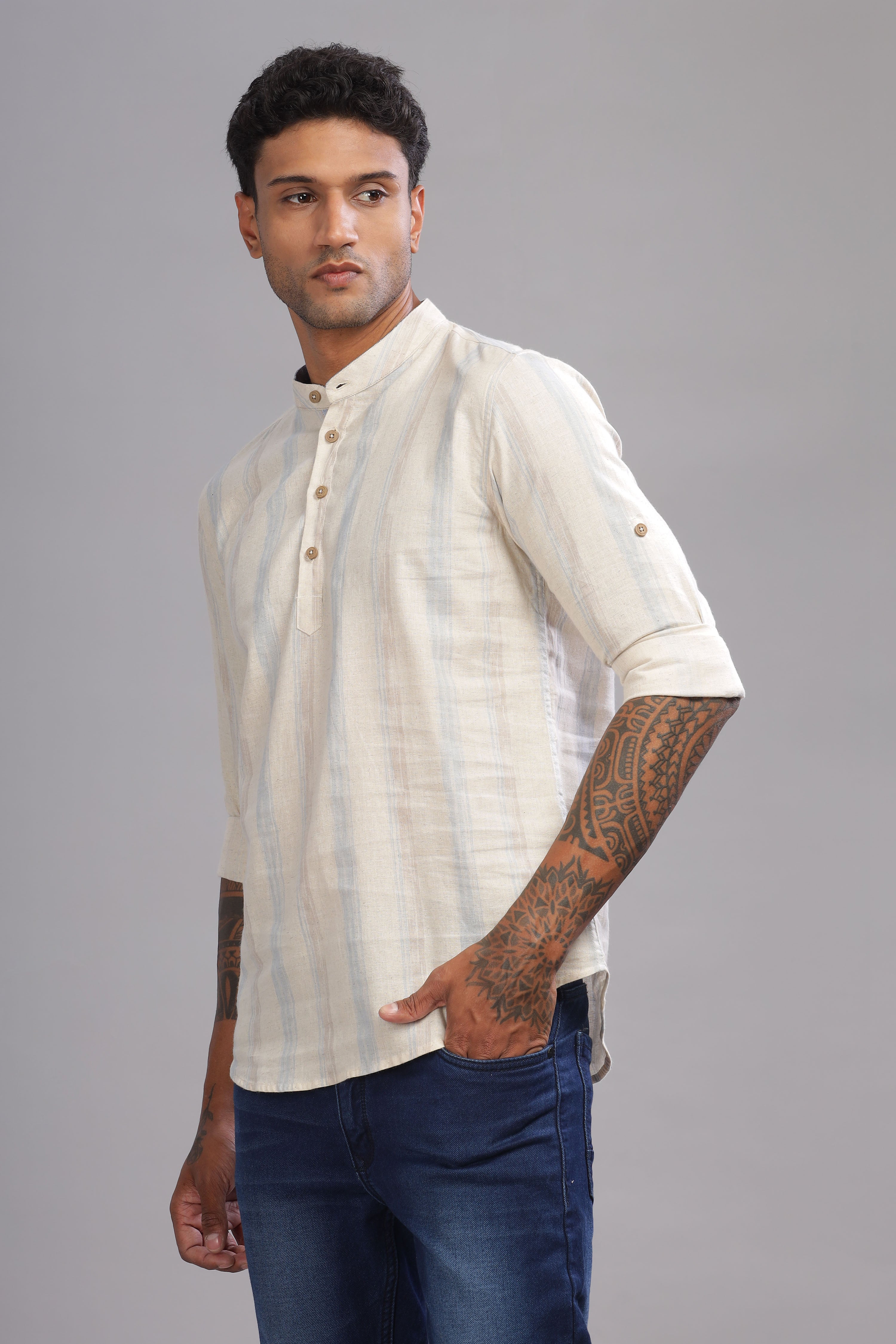 Color Hunt Men's Cotton Off-White-Blue Full Sleeve Printed Short Kurta - Colorhunt