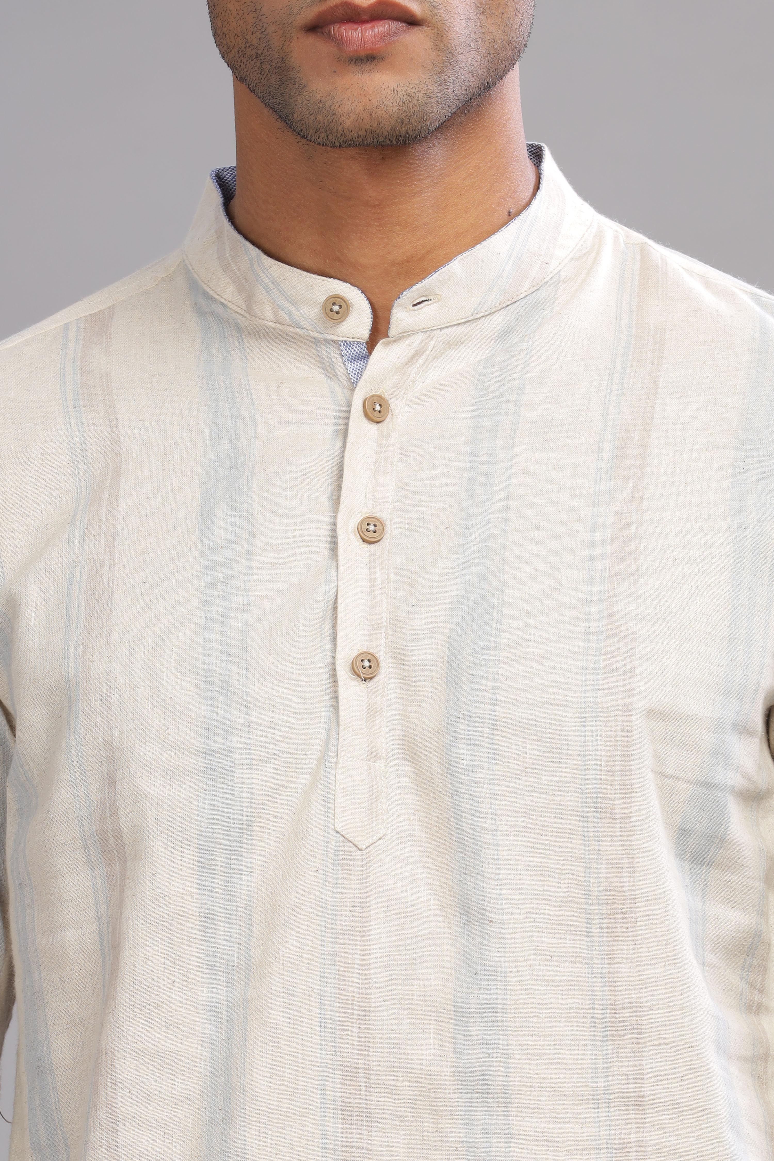 Color Hunt Men's Cotton Off-White-Blue Full Sleeve Printed Short Kurta - Colorhunt