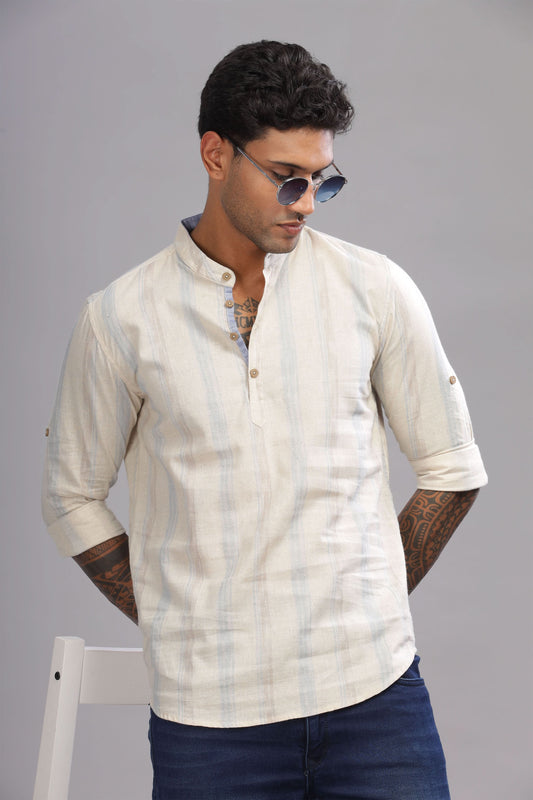 Color Hunt Men's Cotton Off-White-Blue Full Sleeve Printed Short Kurta - Colorhunt