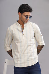 Color Hunt Men's Cotton Off-White-Blue Full Sleeve Printed Short Kurta