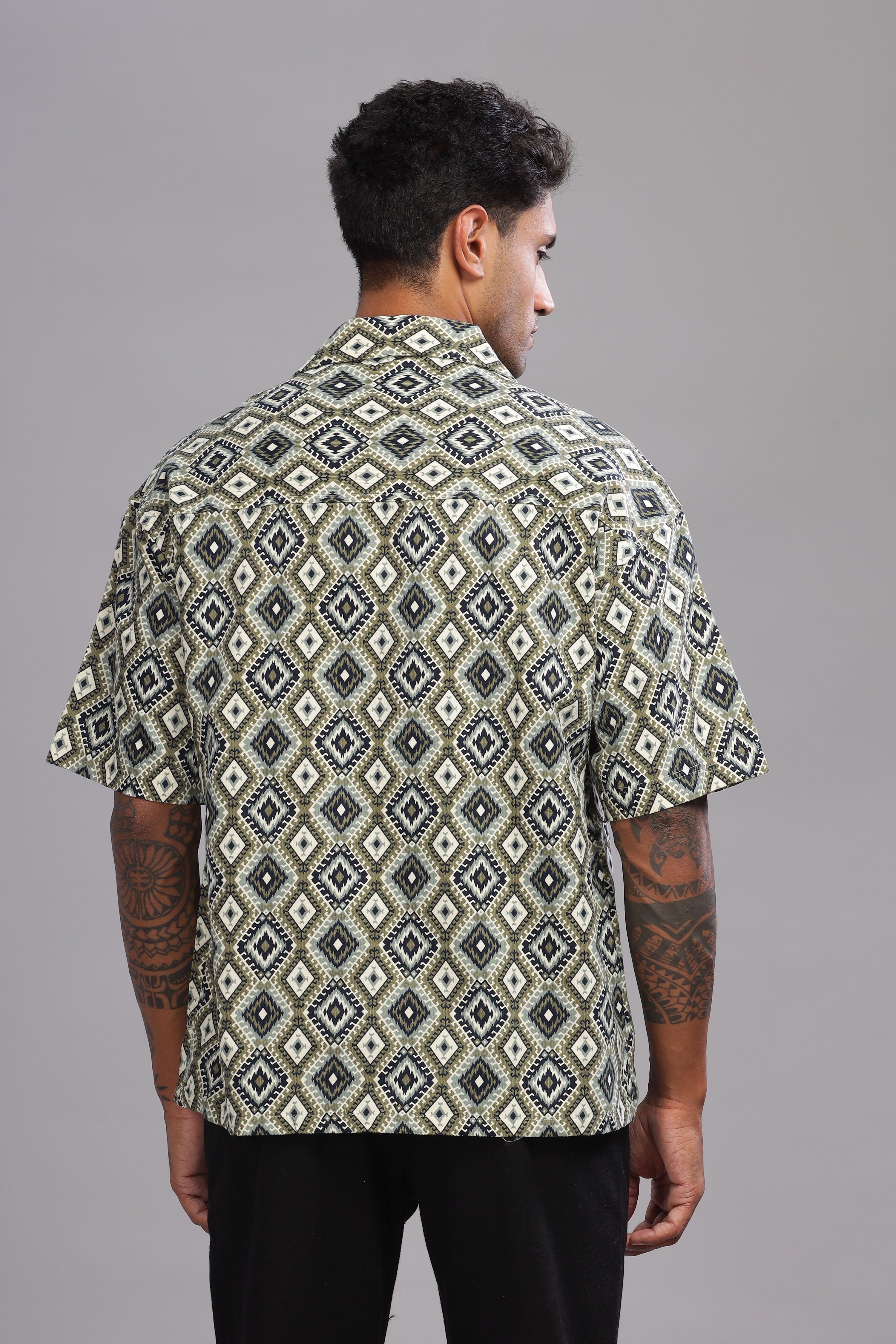 Color Hunt Men's Cotton Black-Olive Half Sleeve Printed Oversize Shirt - Colorhunt