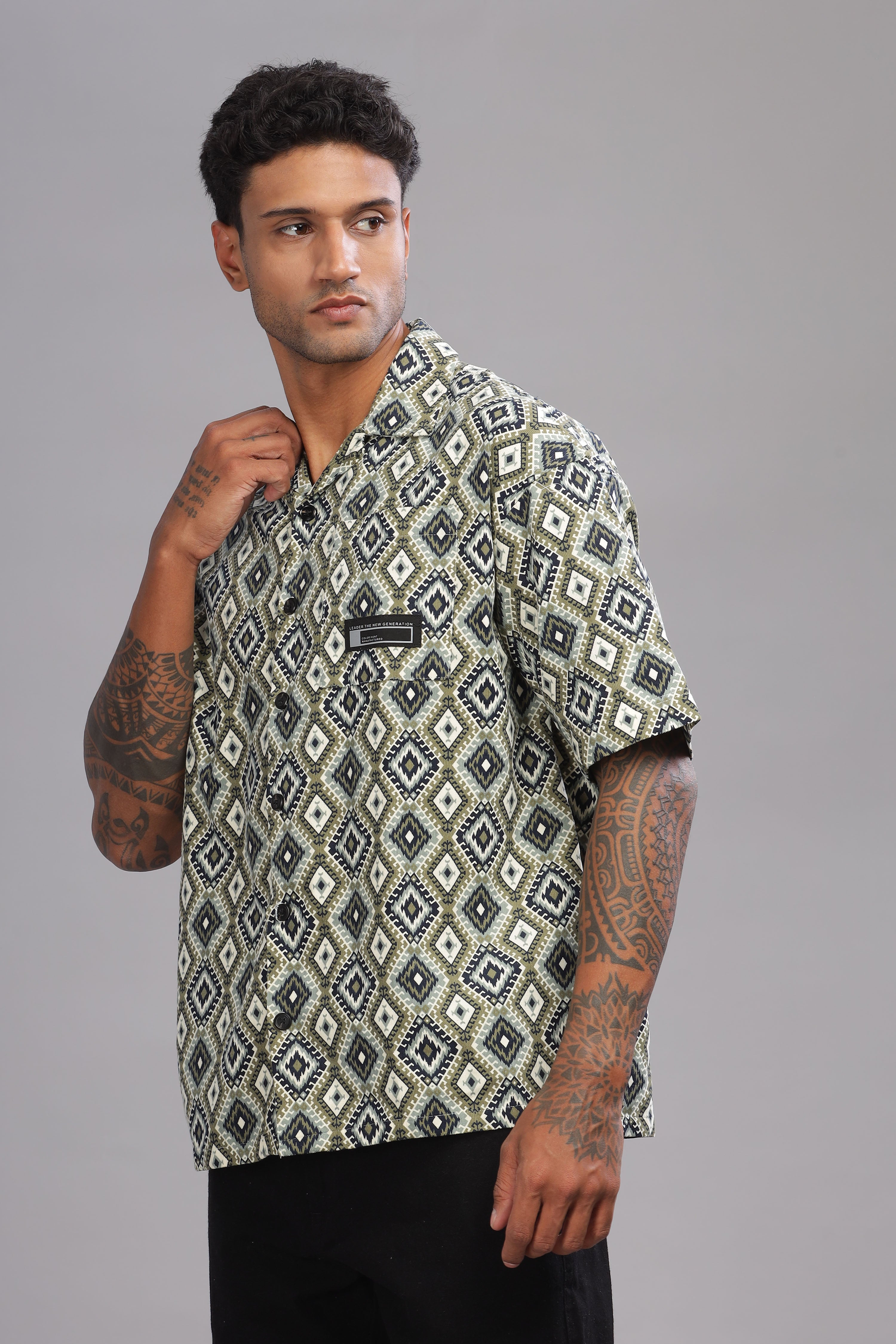 Color Hunt Men's Cotton Black-Olive Half Sleeve Printed Oversize Shirt - Colorhunt