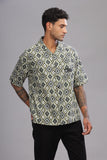 Color Hunt Men's Cotton Black-Olive Half Sleeve Printed Oversize Shirt - Colorhunt