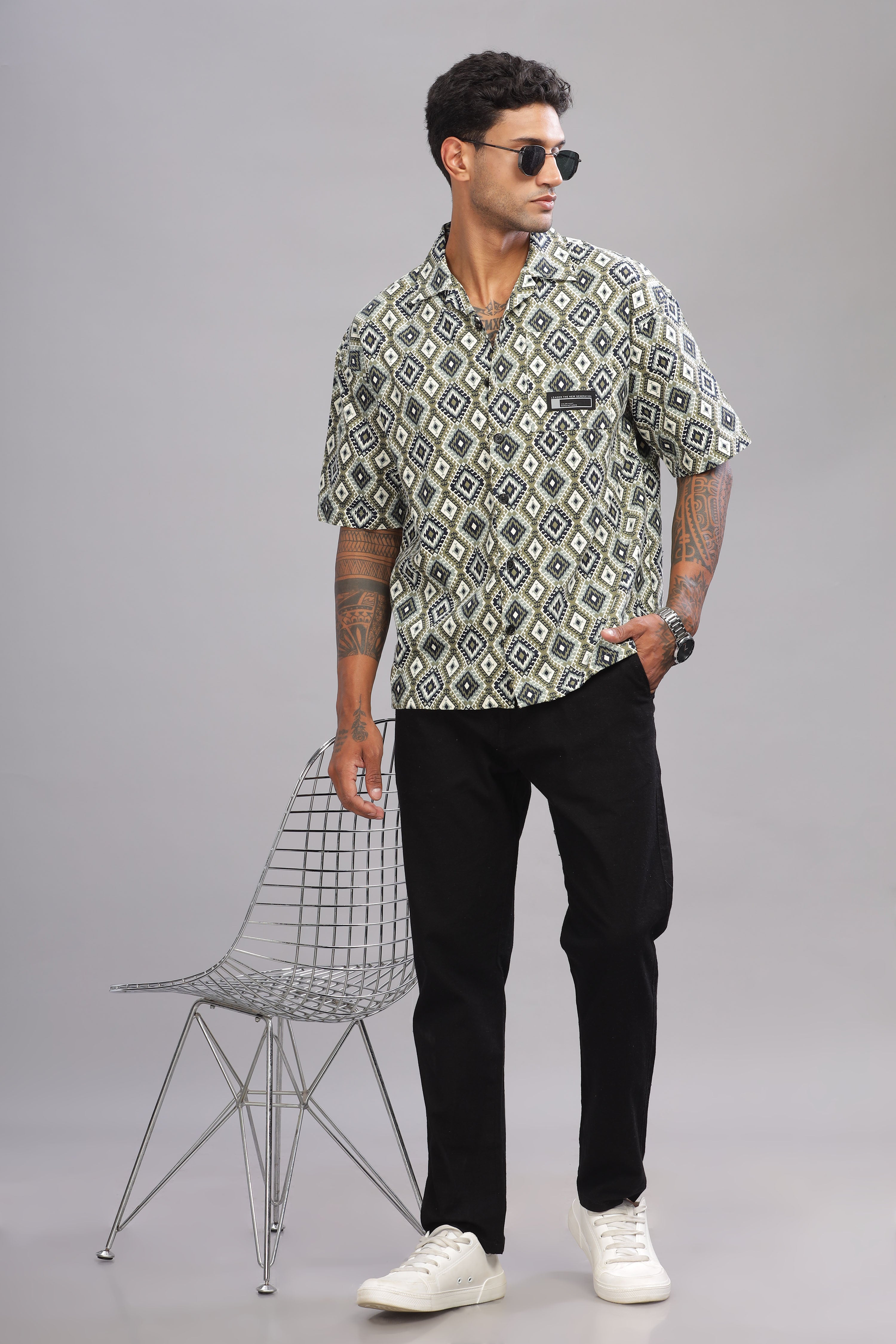 Color Hunt Men's Cotton Black-Olive Half Sleeve Printed Oversize Shirt - Colorhunt