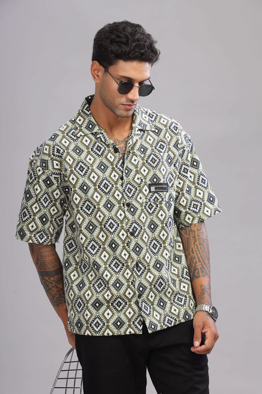 Color Hunt Men's Cotton Black-Olive Half Sleeve Printed Oversize Shirt - Colorhunt