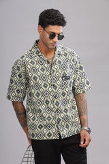 Color Hunt Men's Cotton Black-Olive Half Sleeve Printed Oversize Shirt