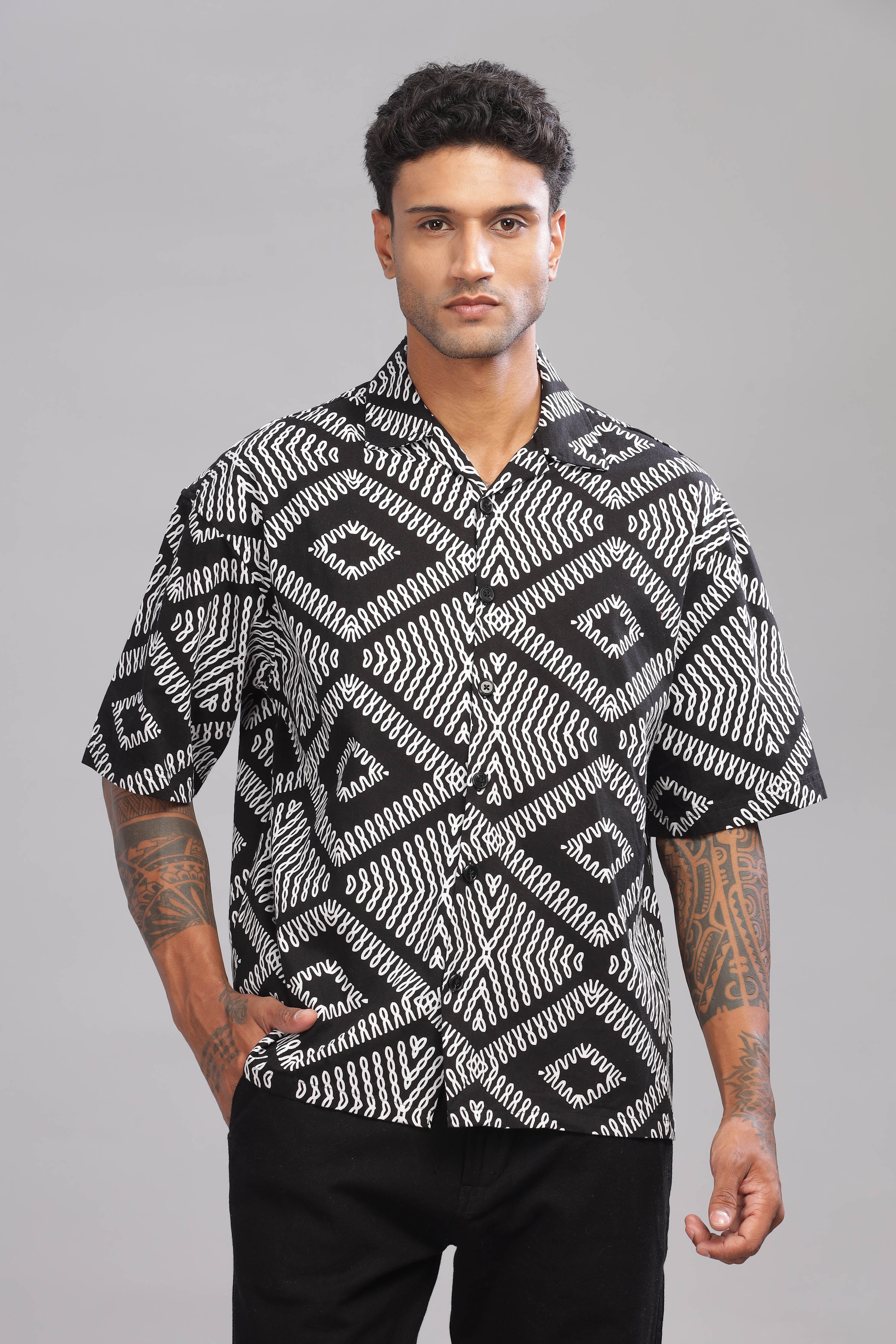 Color Hunt Men's Cotton Black Half Sleeve Printed Oversize Shirt - Colorhunt