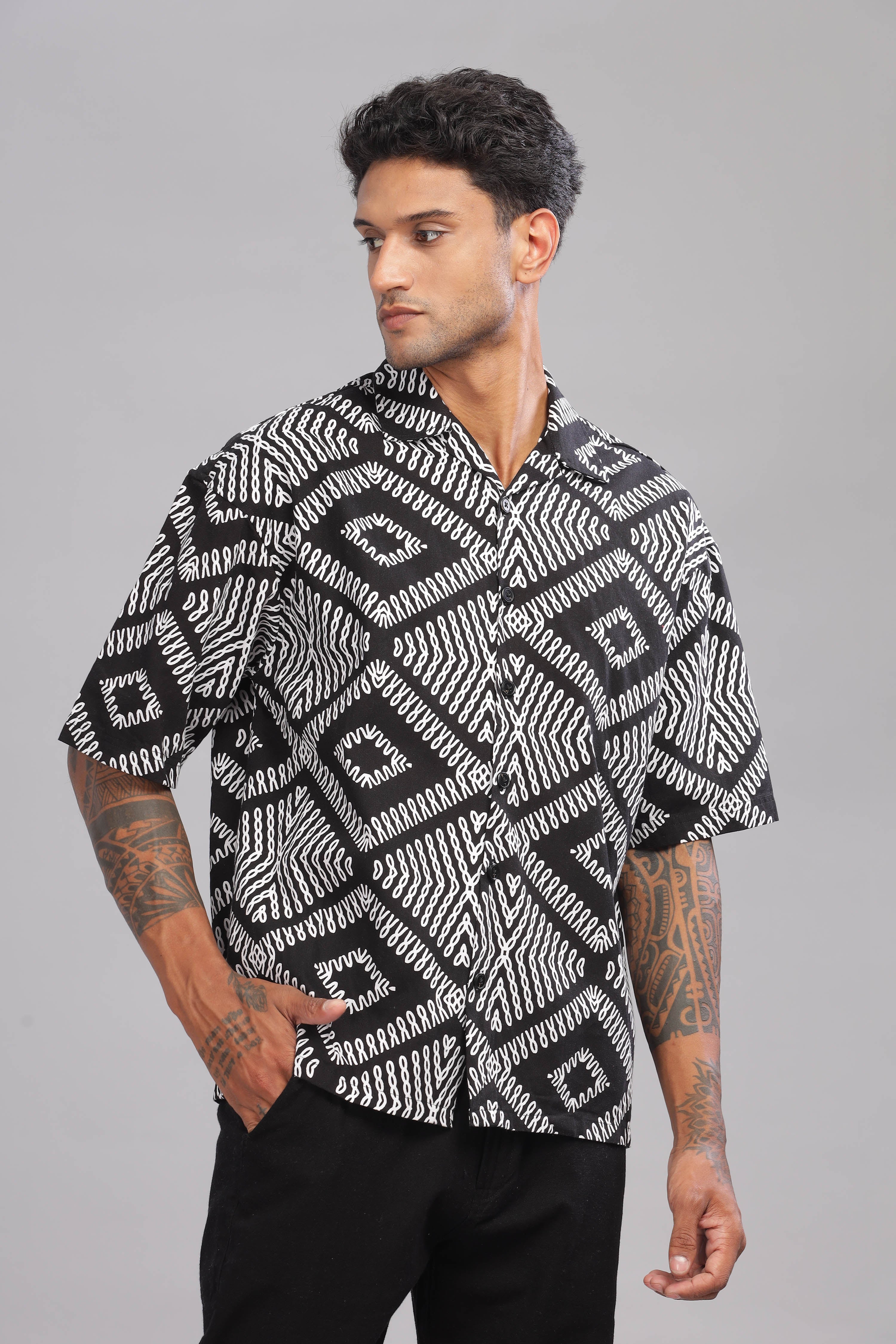 Color Hunt Men's Cotton Black Half Sleeve Printed Oversize Shirt - Colorhunt