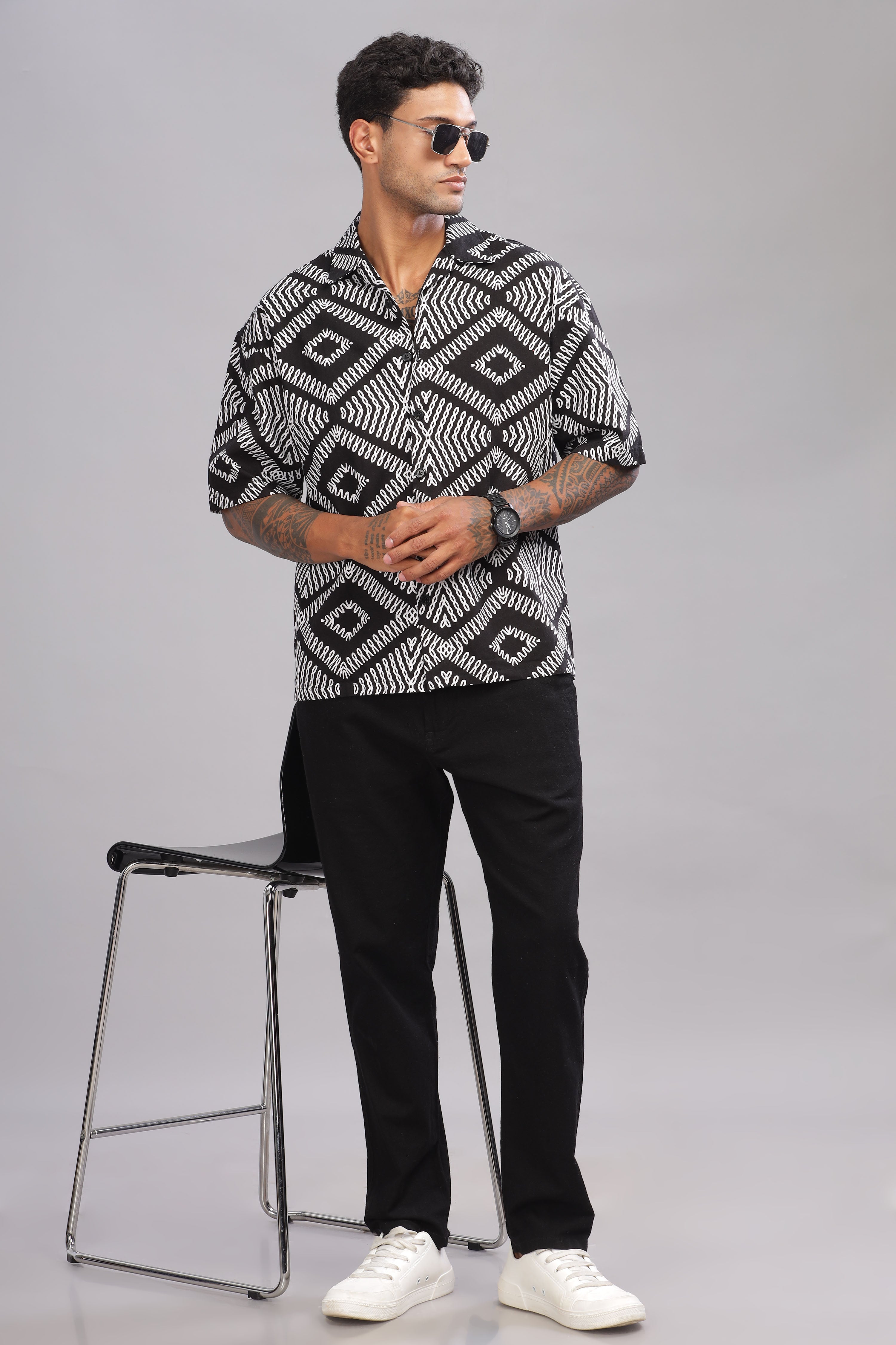 Color Hunt Men's Cotton Black Half Sleeve Printed Oversize Shirt - Colorhunt