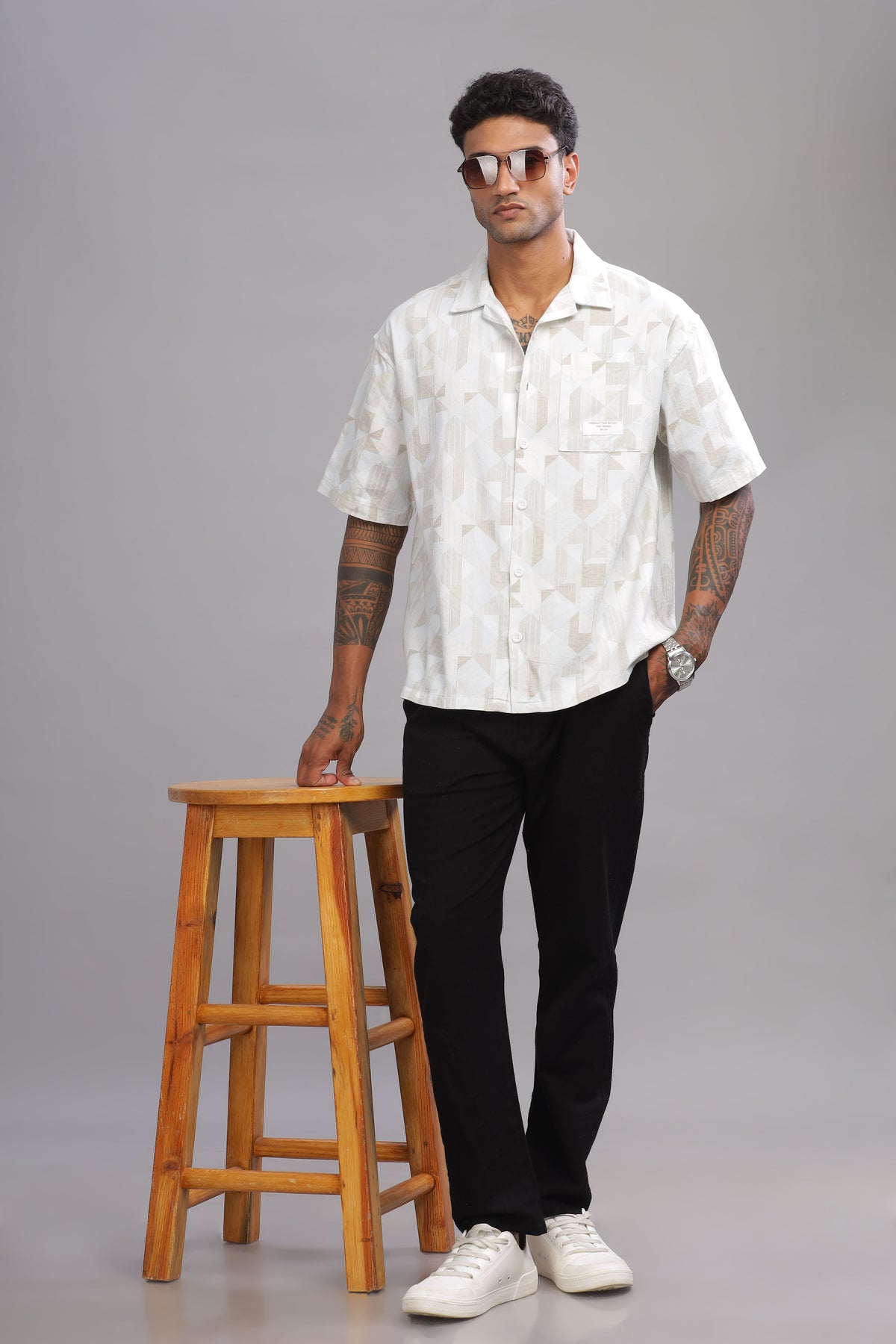 Color Hunt Men's Cotton White-Brown Half Sleeve Printed Oversize Shirt - Colorhunt